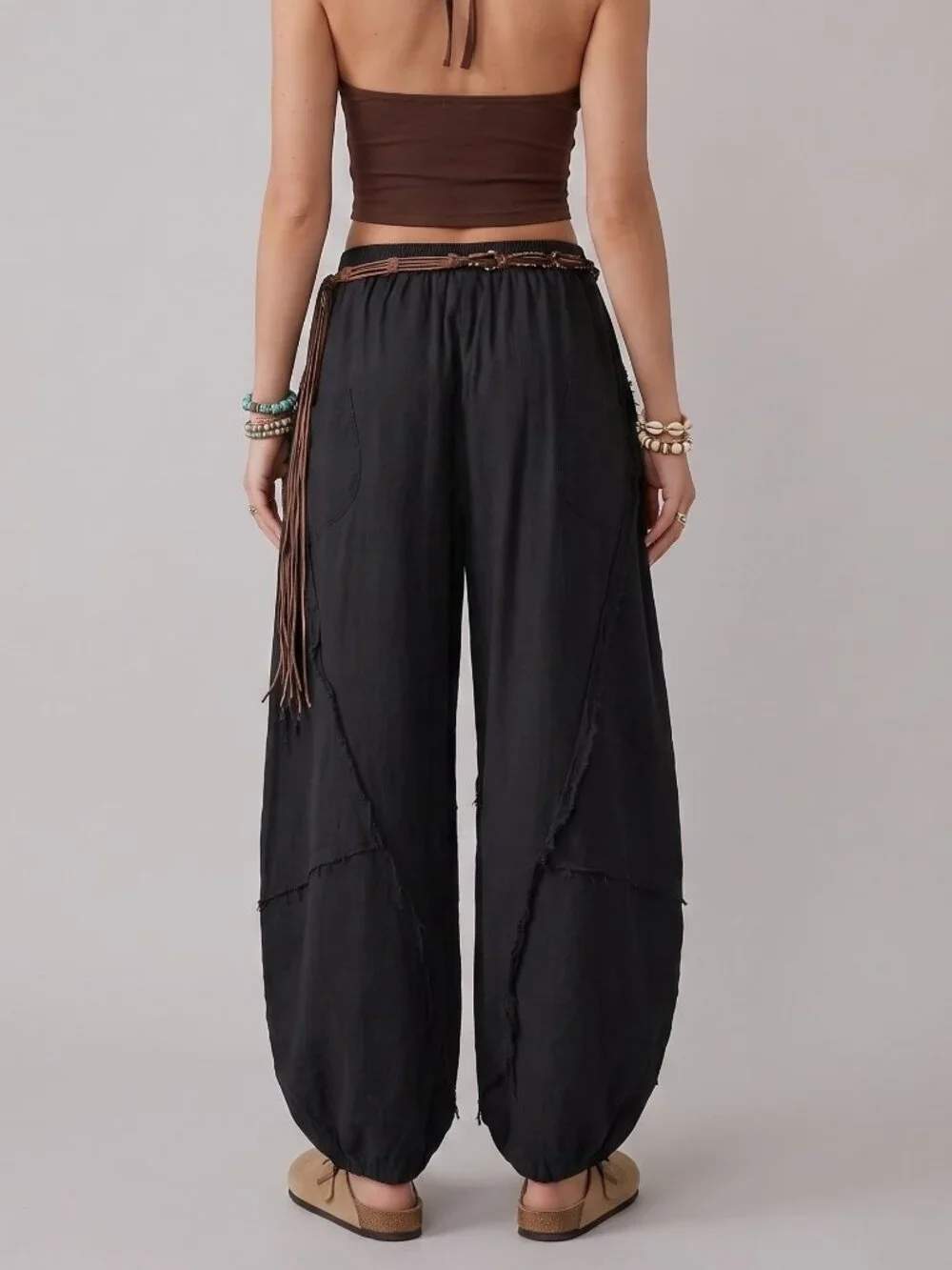 Women's Black Cotton Harem Pants Elastic Waist Raw Edge Fringe Boho Trousers - Picture 2 of 3